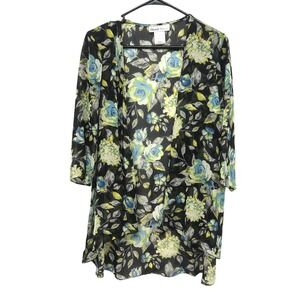 Floral Sheer Kimono Cardigan Duster PM Black Blue Green Boho Romantic Layering